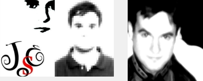Tres carteles para mi hermano, en el primero ojos nariz y boca sobre su nombre, en la segunda retrato a base de cuadradaitos grises, en la tercera m�s reconocible con cazadora de motorista.